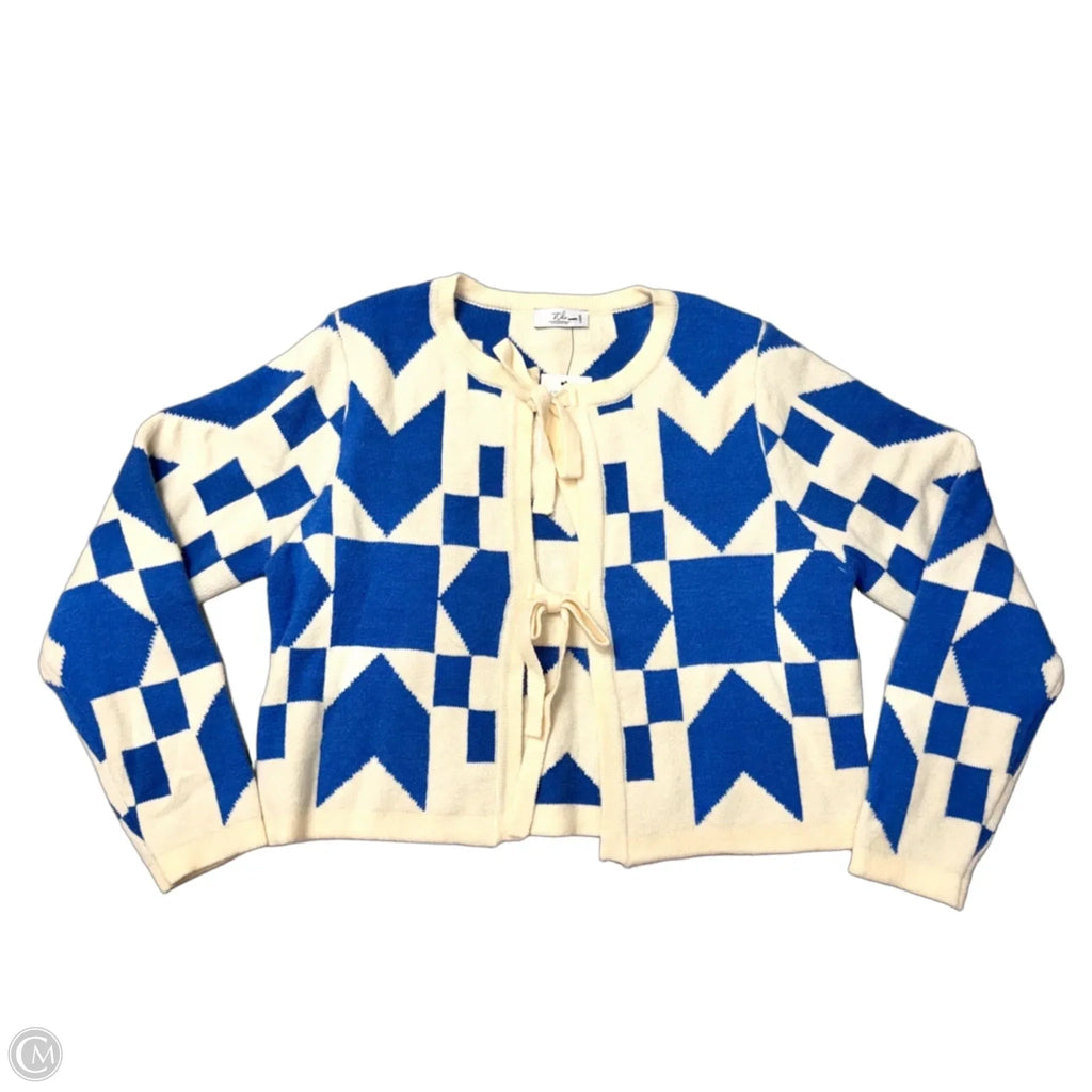 Sweater Cardigan By Stile In Blue & Cream, Size: L