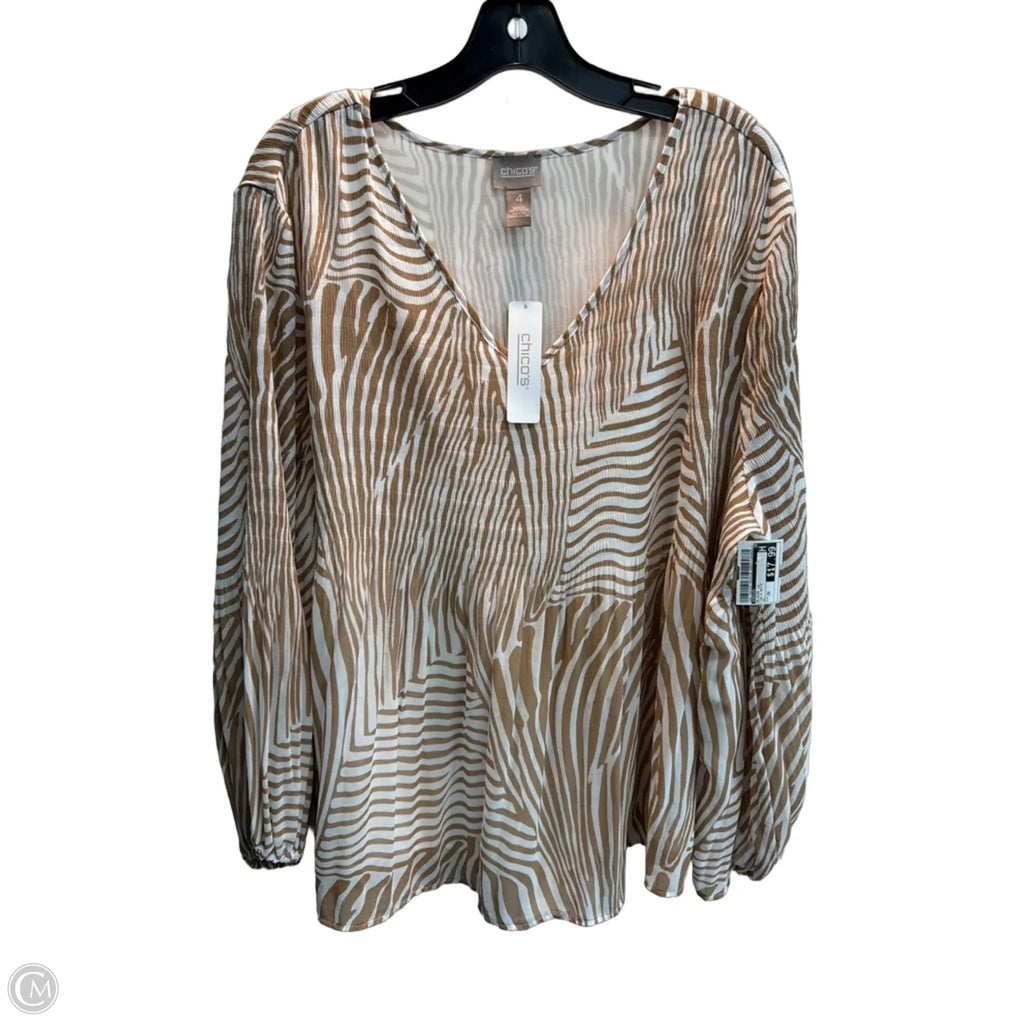 Blouse Long Sleeve By Chicos In Tan & White, Size: 2x