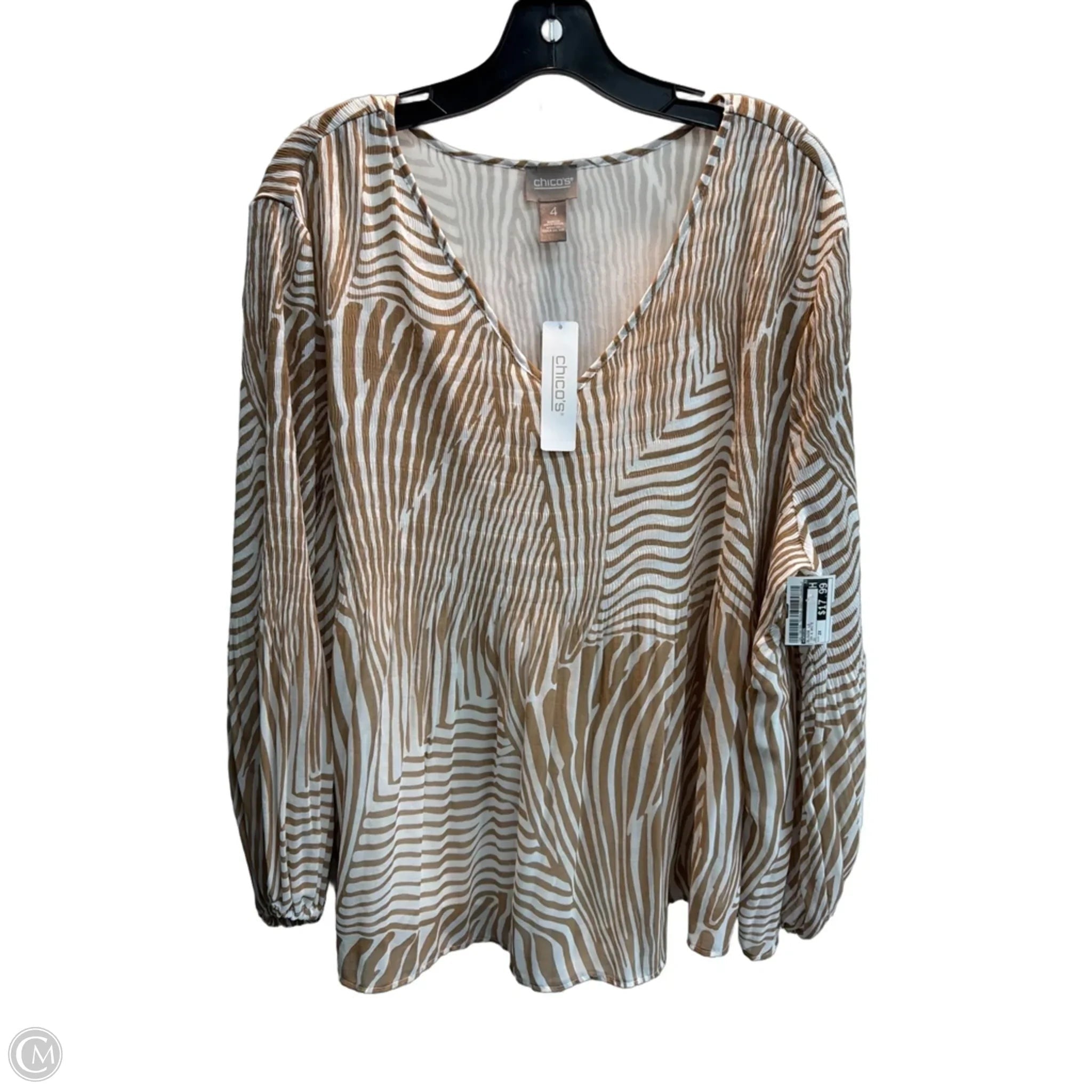 Blouse Long Sleeve By Chicos In Tan & White, Size: 2x