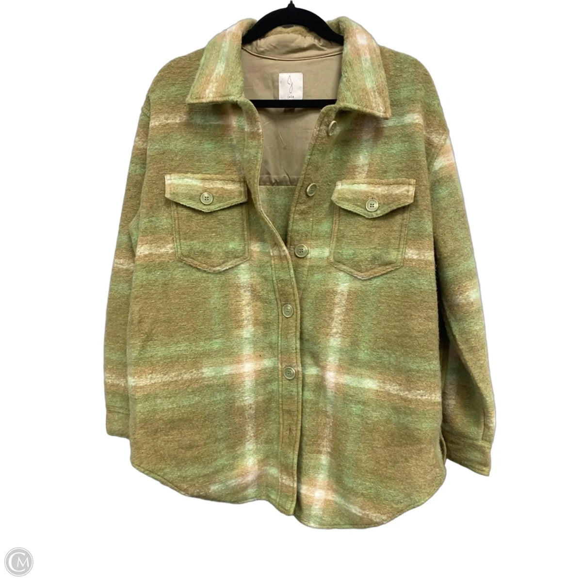 Jacket Shirt By Joie In Green & Tan, Size: L
