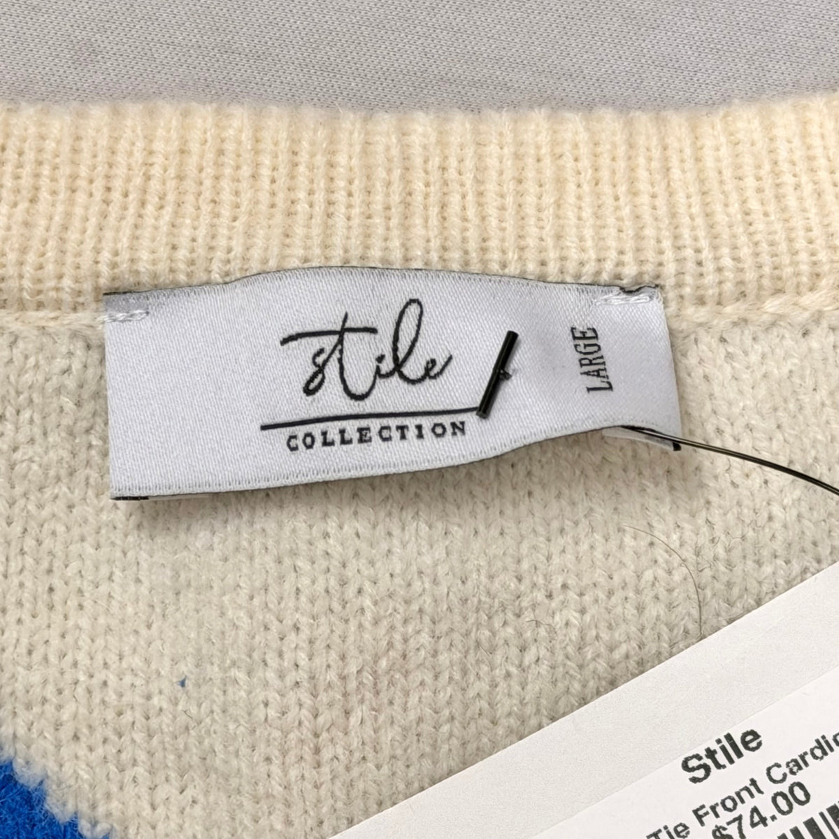 Sweater Cardigan By Stile In Blue & Cream, Size: L