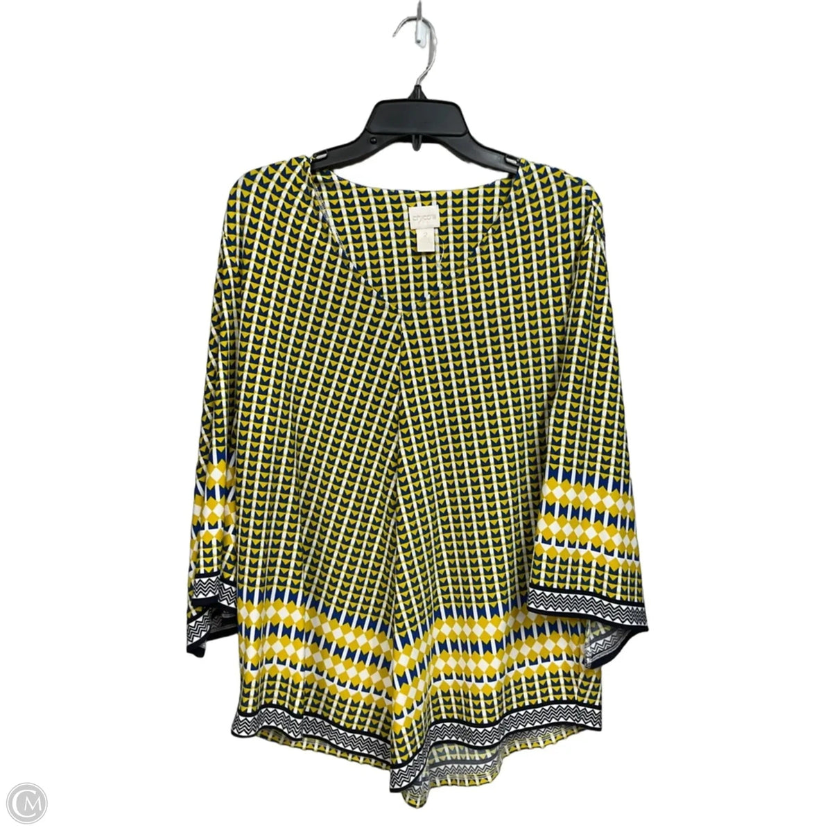 Top 3/4 Sleeve By Chicos In Blue & Yellow, Size: L