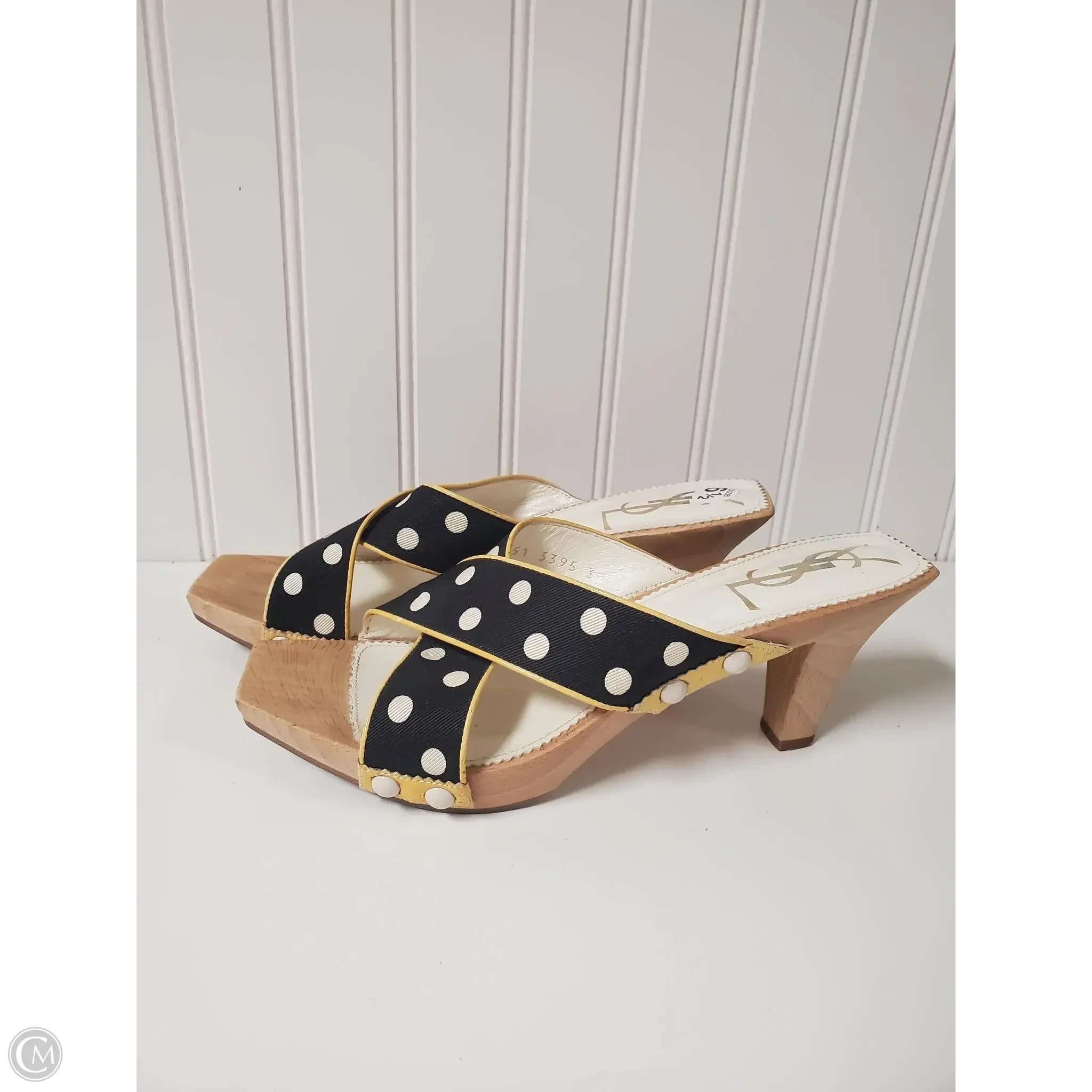 Sandals Luxury Designer By Yves Saint Laurent In Polkadot Pattern, Size: 6.5 or 37