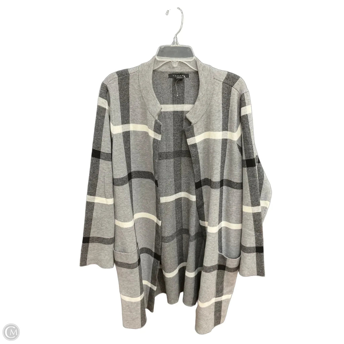 Sweater Cardigan By Tahari In Grey & White, Size: 2x