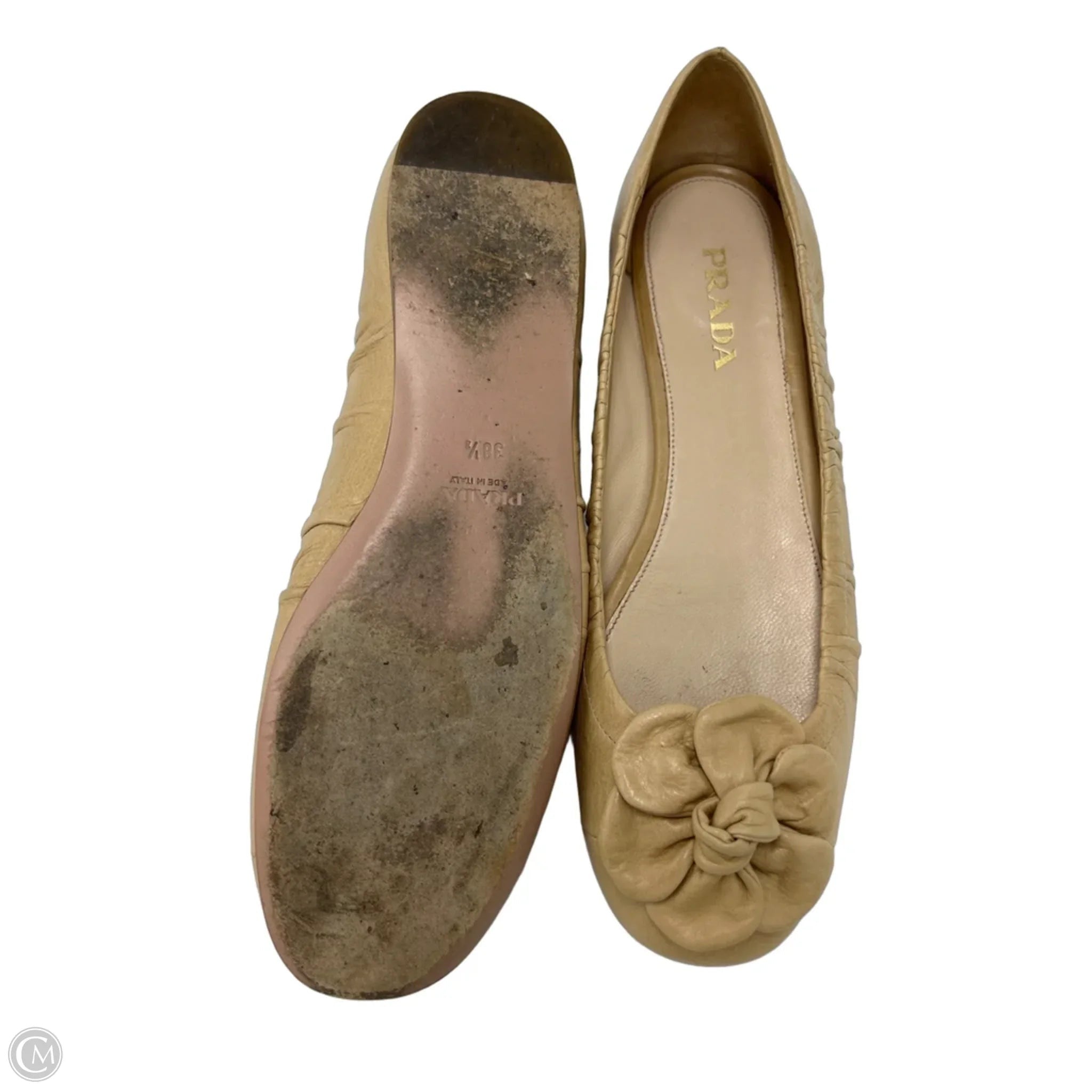 Prada Flower Rosette Luxury Ballet Shoes In Tan, Size: 8.5