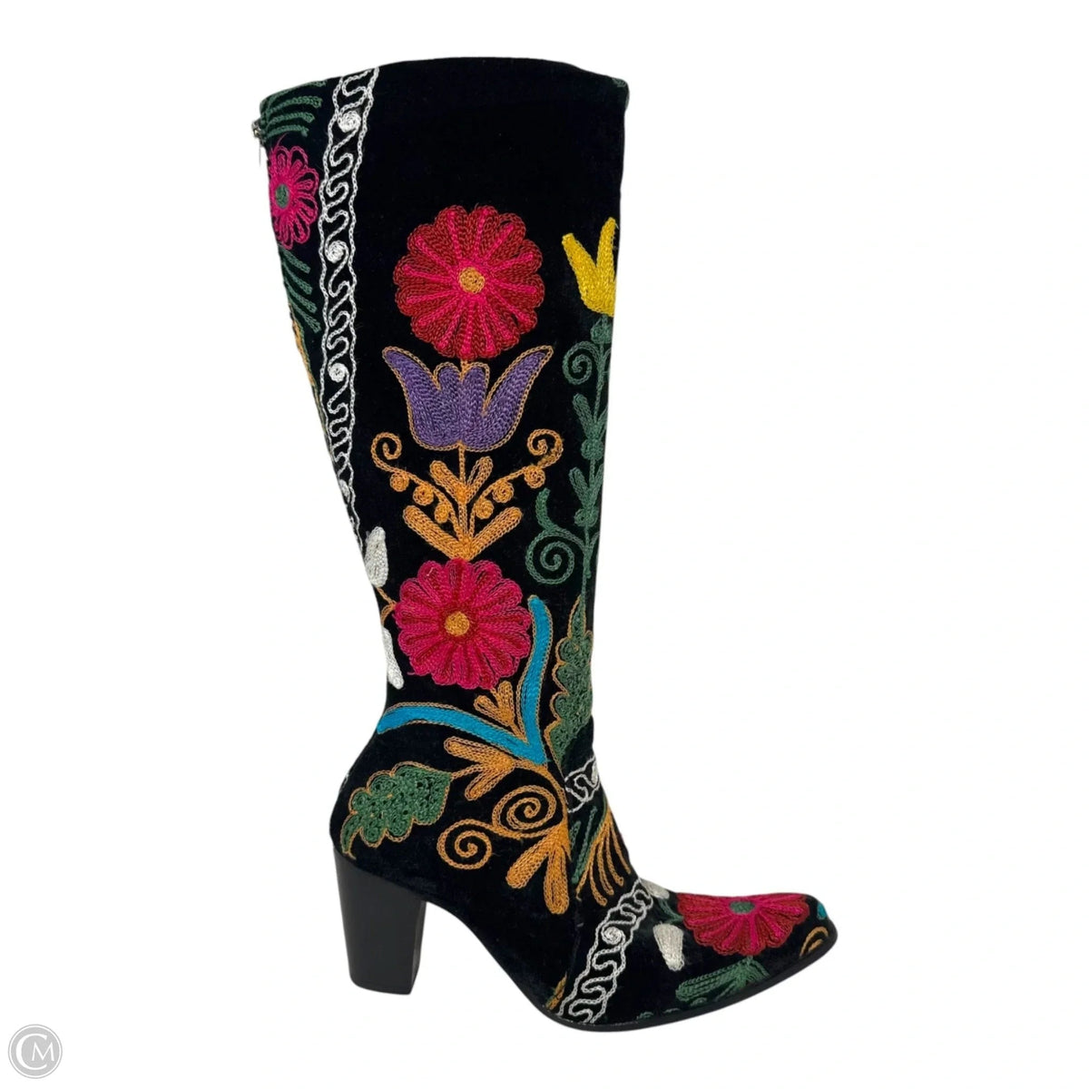 Velvet Embroidered Boots Knee Heels Unbranded In Floral Print, Size: 39