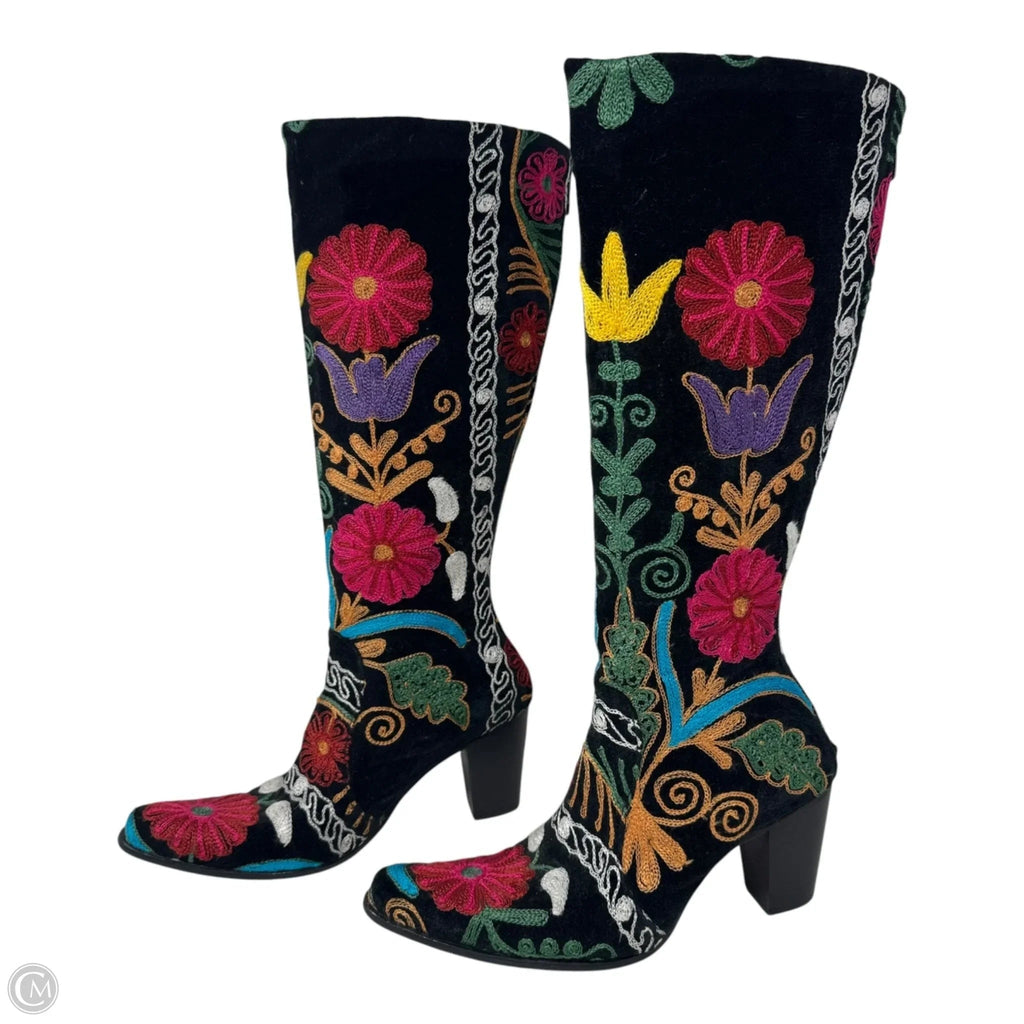 Velvet Embroidered Boots Knee Heels Unbranded In Floral Print, Size: 39