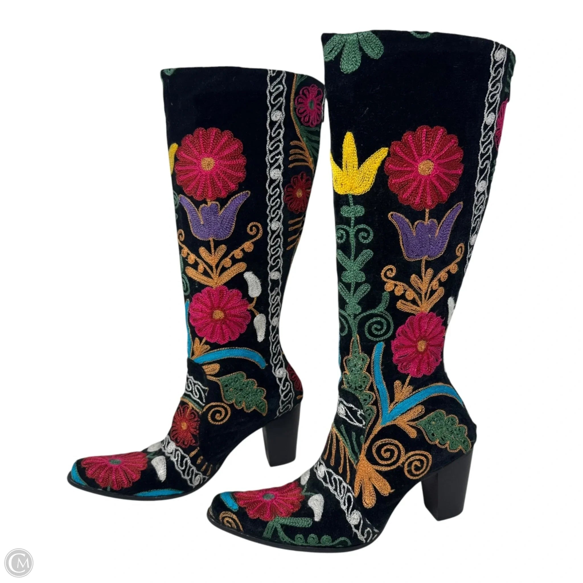 Velvet Embroidered Boots Knee Heels Unbranded In Floral Print, Size: 39