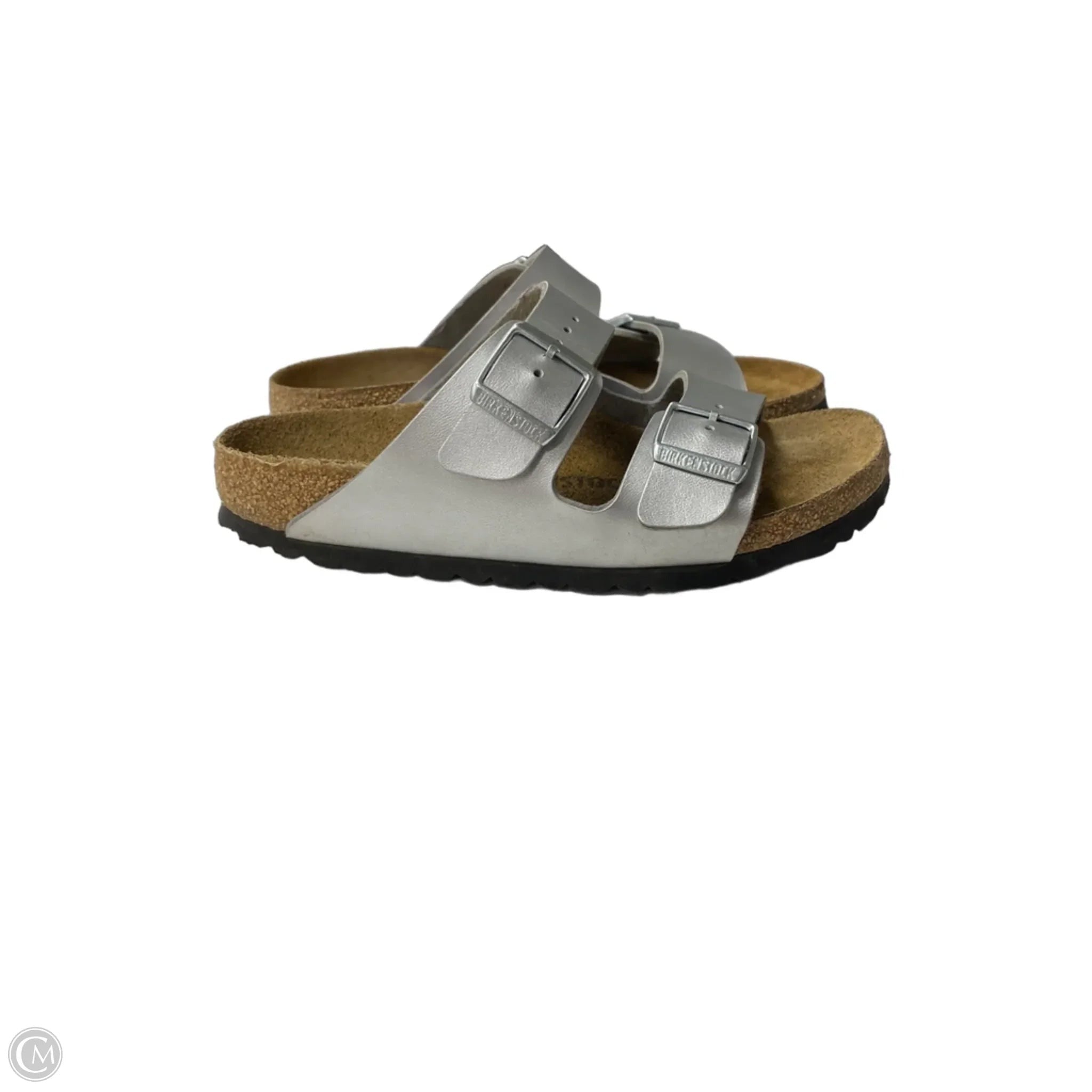 Sandals Flats By Birkenstock In Silver, Size: 5