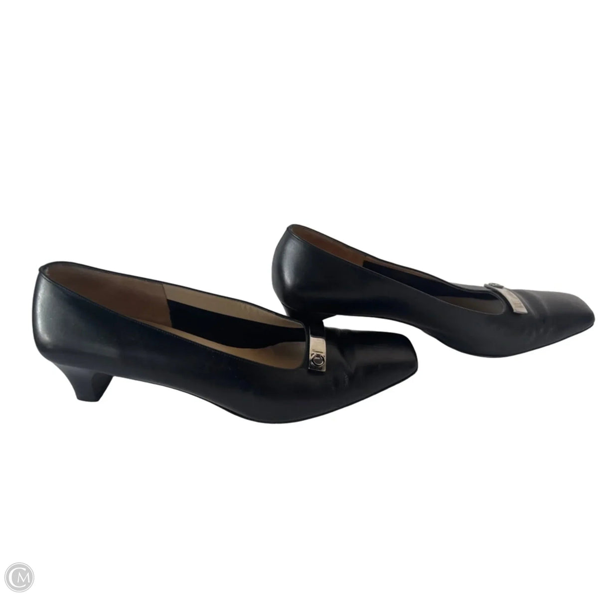 Shoes Luxury Designer By Ferragamo In Black & Silver, Size: 9