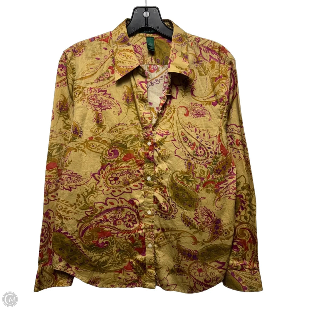 Cotton Collared Top Long Sleeve By Lauren By Ralph Lauren In Paisley Print, Size: L