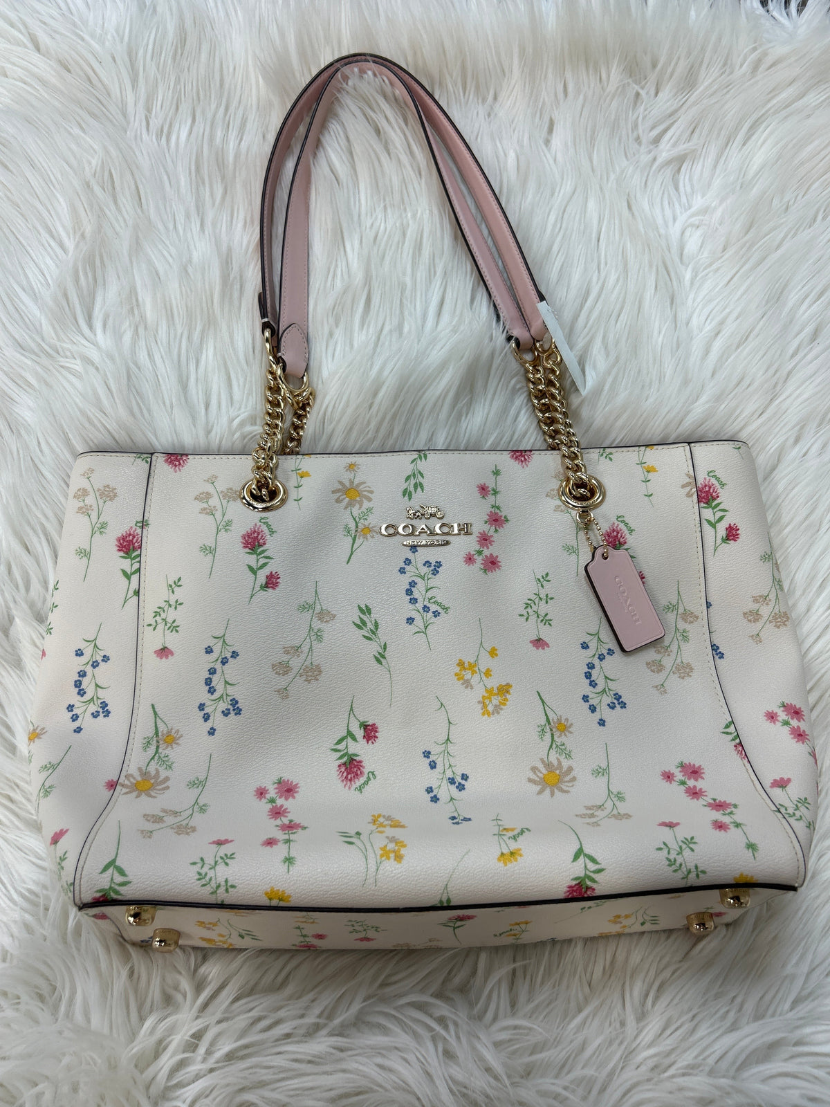 Handbag Designer By Coach In Cream & Pink, Size:Large