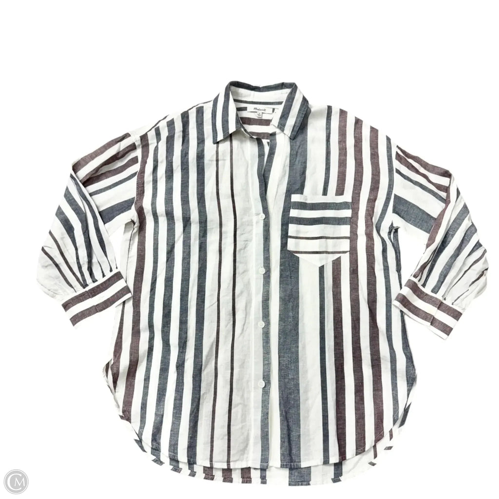 Top Long Sleeve By Madewell In Blue & White, Size: M