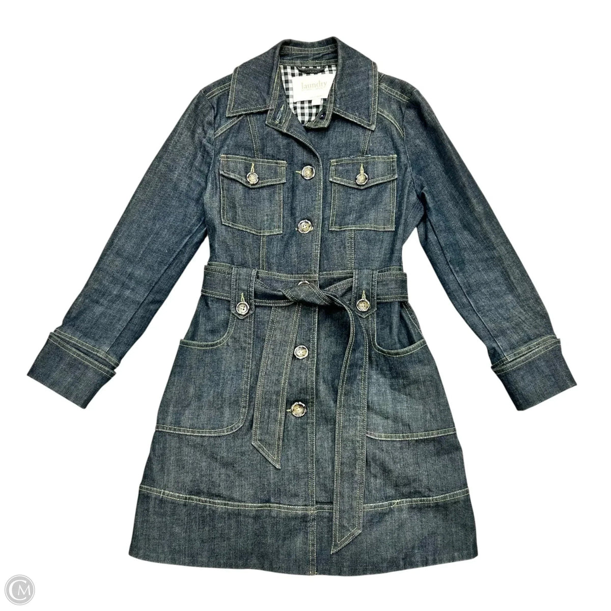 Coat Trench Coat By Laundry In Blue Denim, Size: S