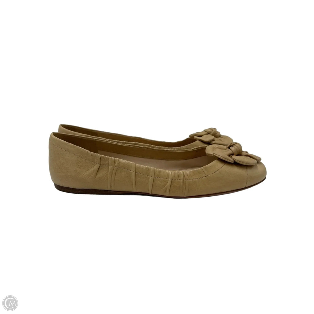 Prada Flower Rosette Luxury Ballet Shoes In Tan, Size: 8.5