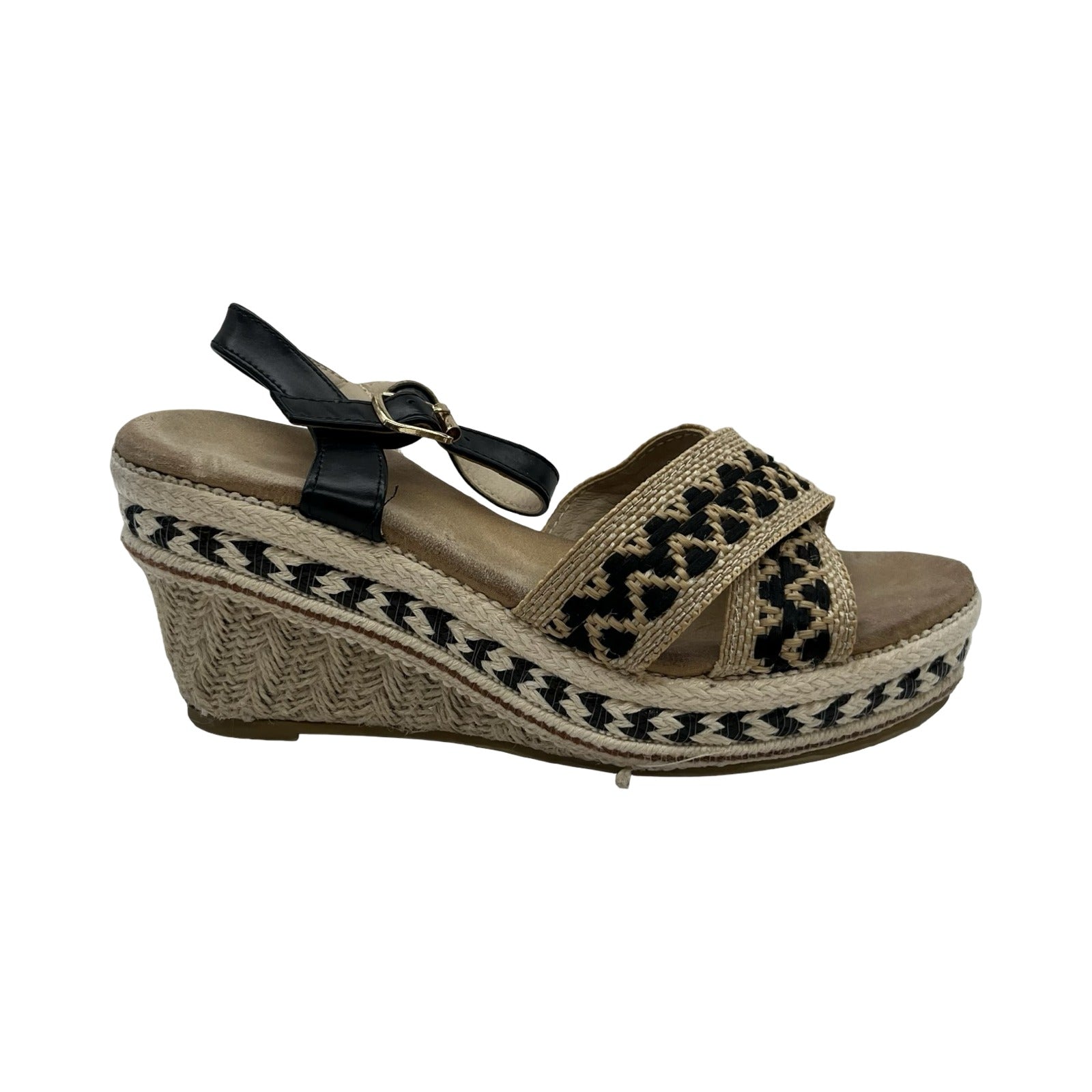 Sandals Heels Wedge By Clothes Mentor In Brown & Cream, Size:8.5