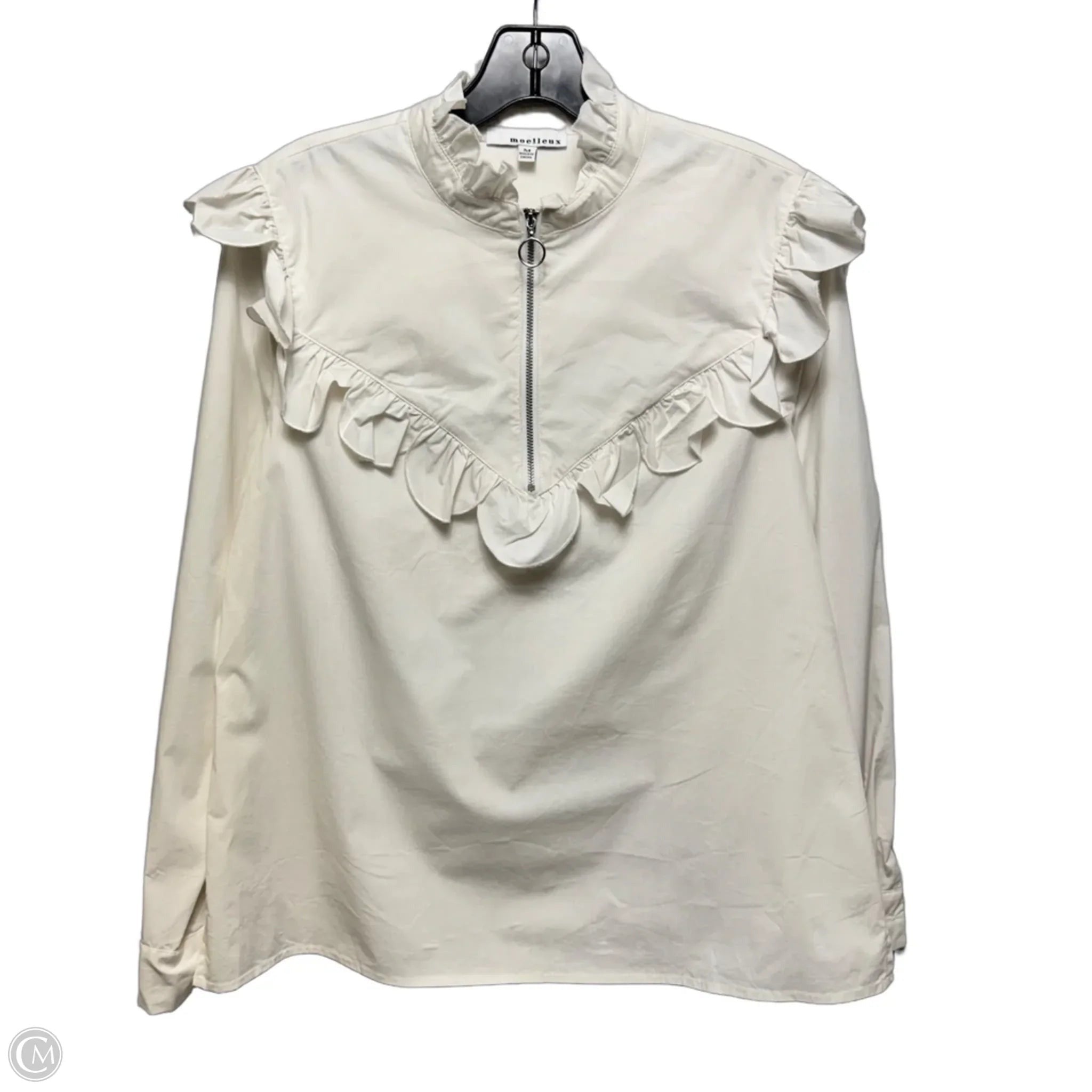 Ruffle Zip Top Long Sleeve By Moelleux In Cream, Size: M