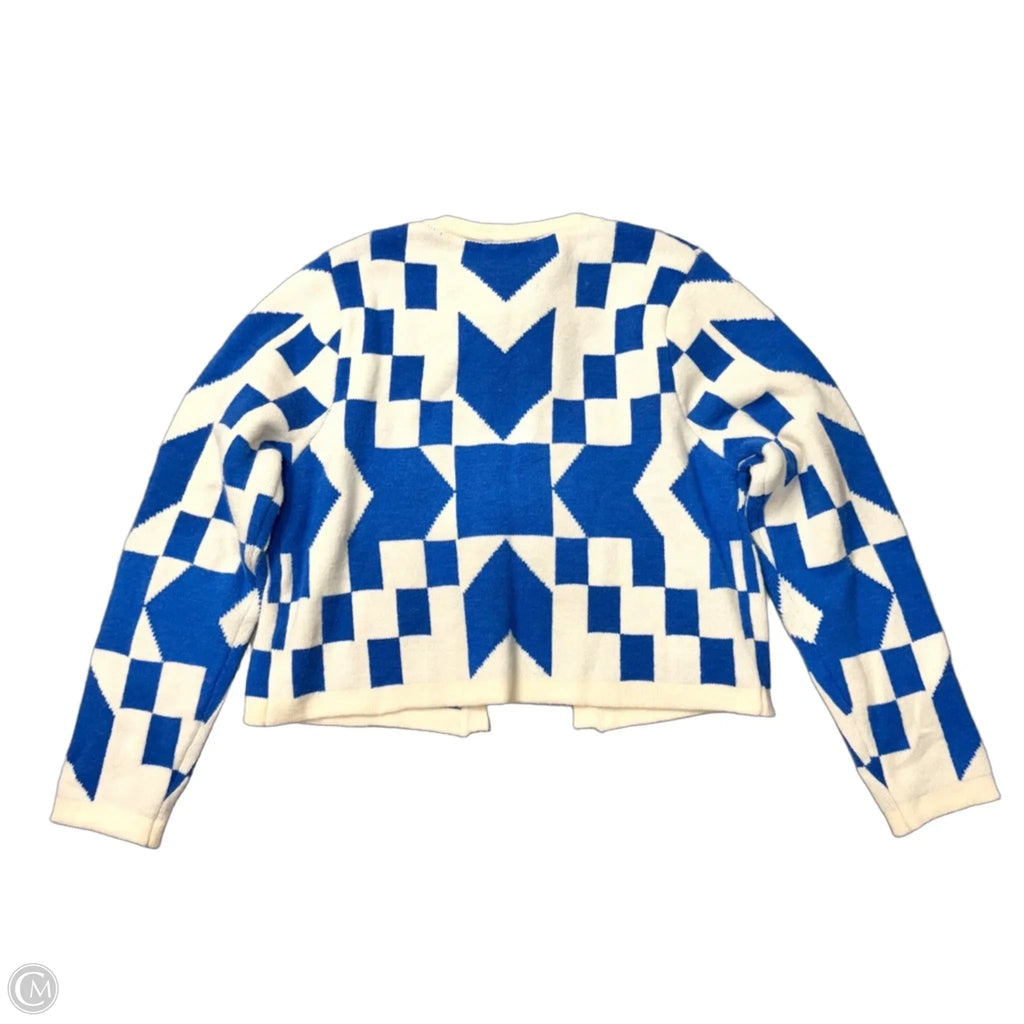 Sweater Cardigan By Stile In Blue & Cream, Size: L
