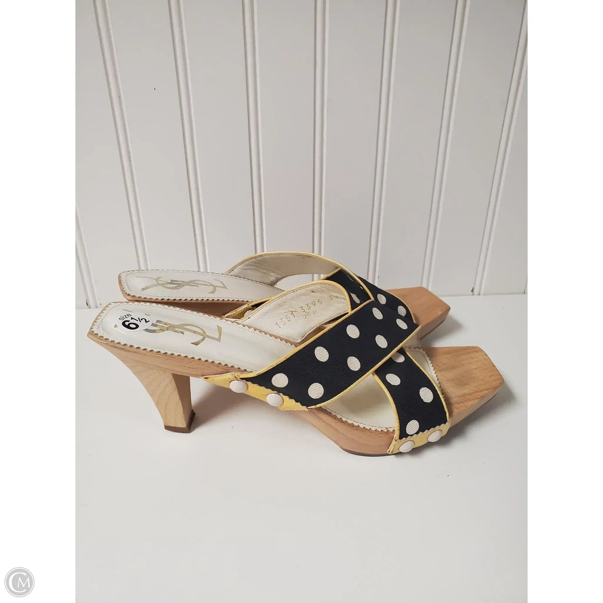 Sandals Luxury Designer By Yves Saint Laurent In Polkadot Pattern, Size: 6.5 or 37