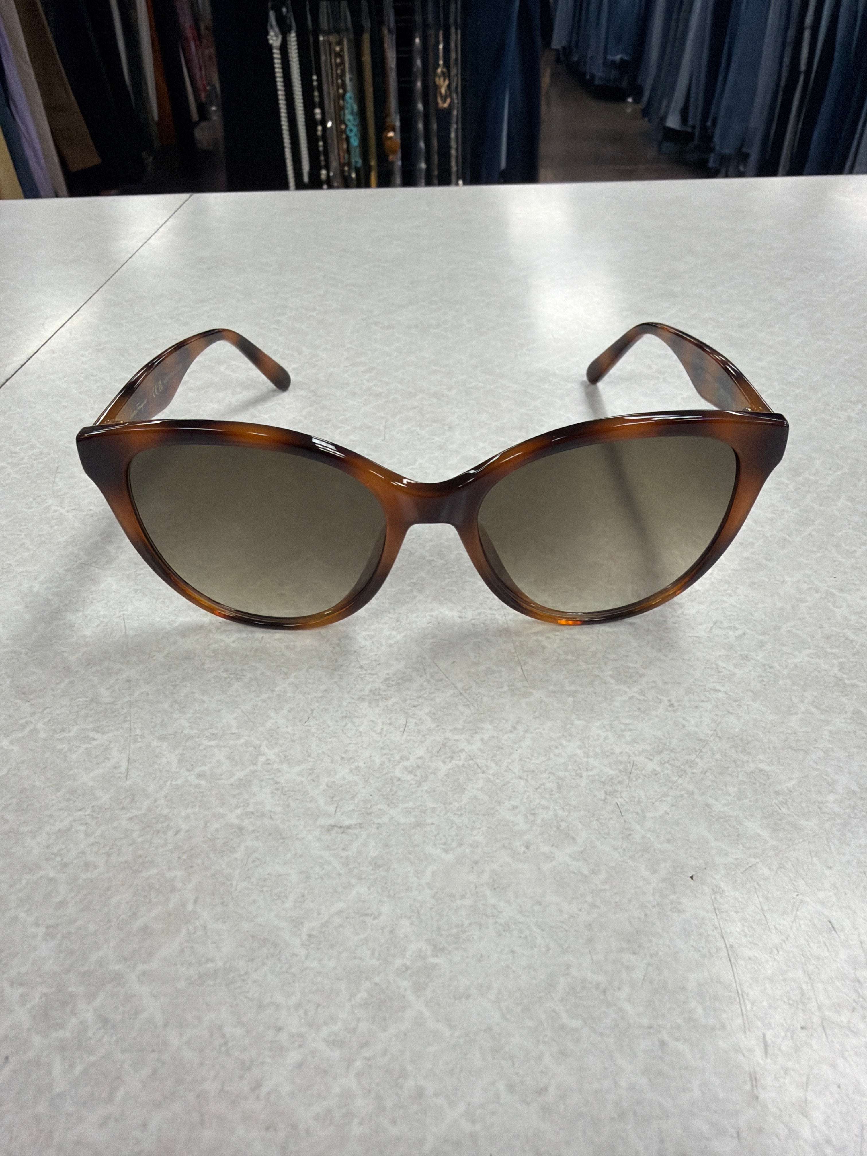 Sunglasses Luxury Designer By Ferragamo In Tortoise Shell Print, Size: