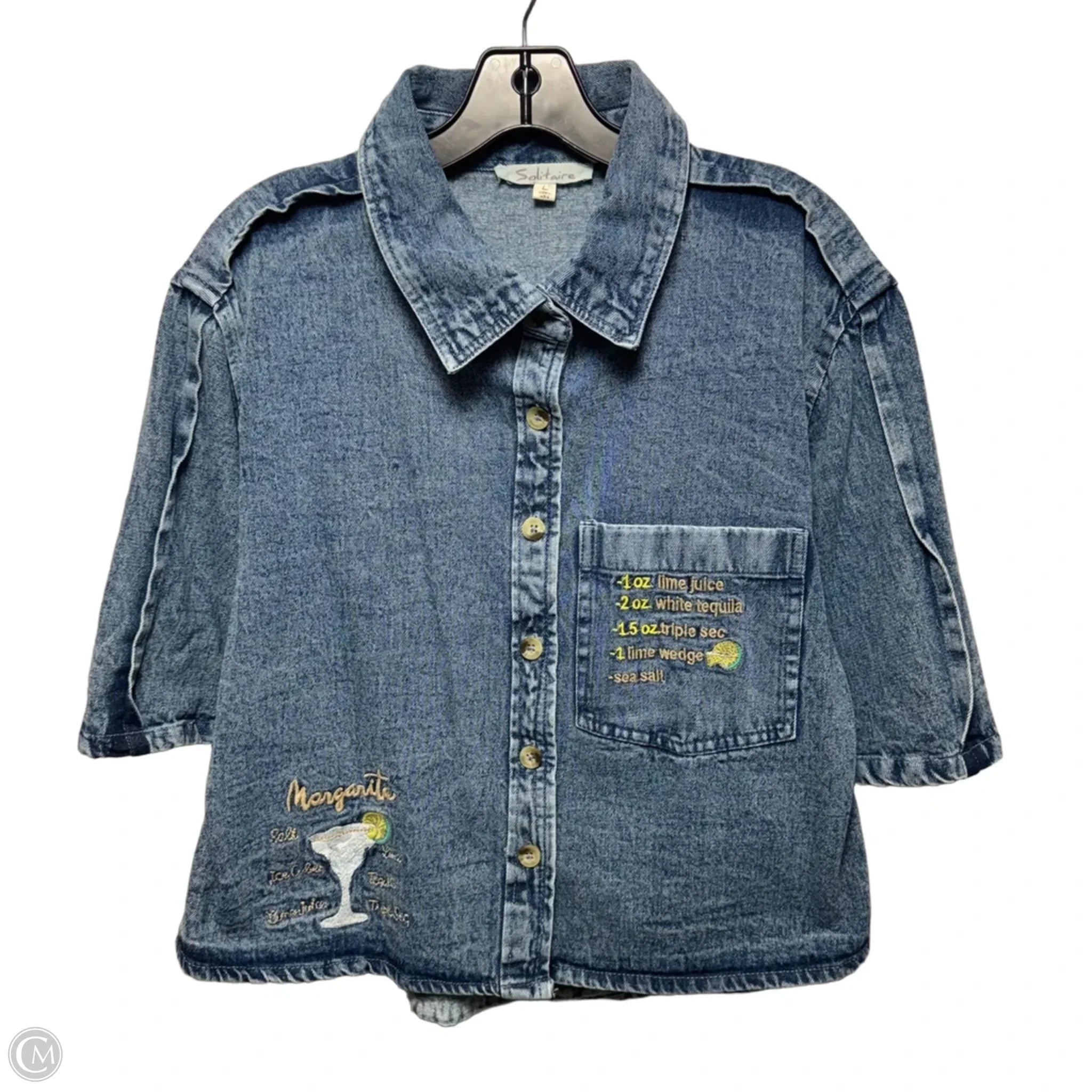 Margarita Recipe Top Short Sleeve By Solitaire In Blue Denim, Size: L