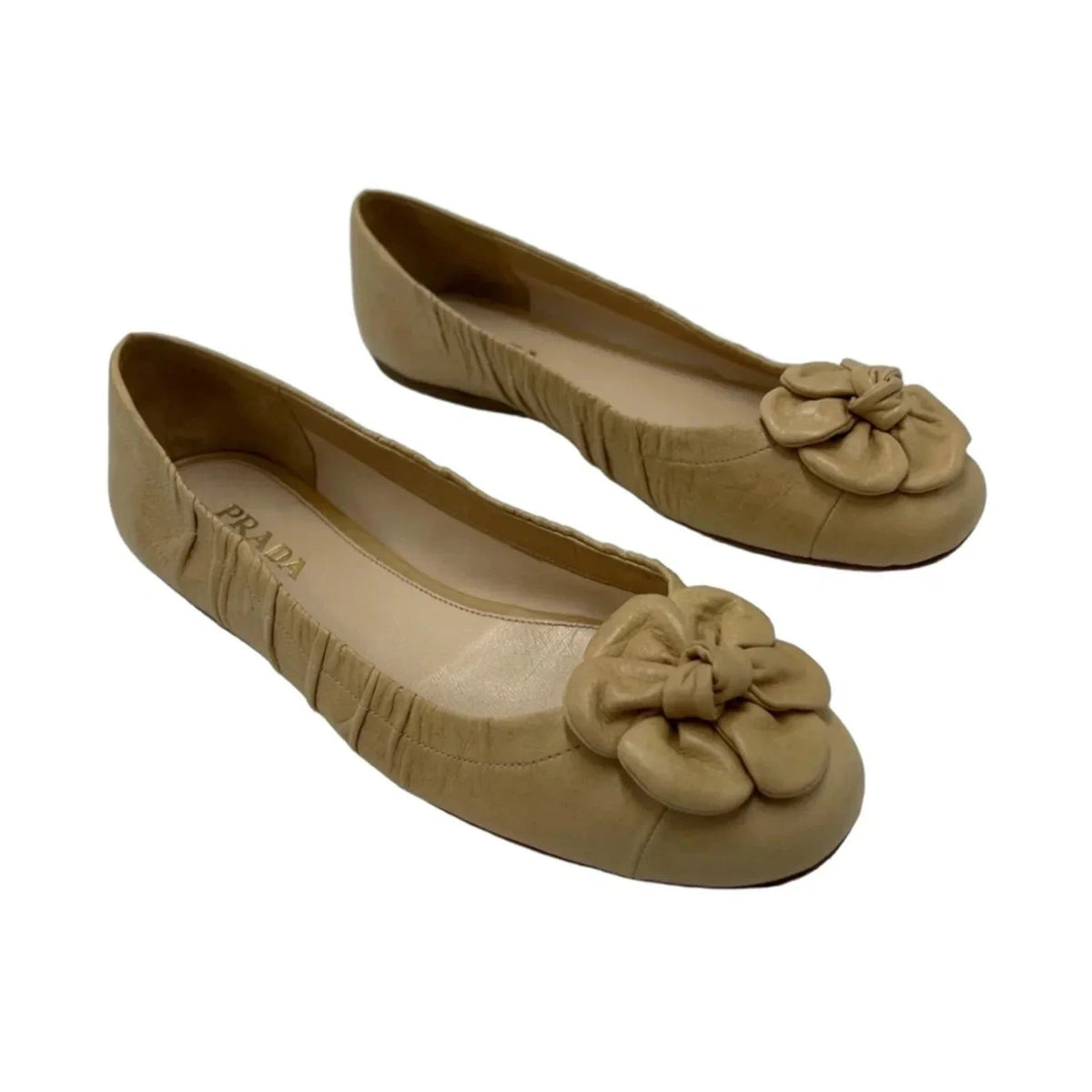 Prada Flower Rosette Luxury Ballet Shoes In Tan, Size: 8.5
