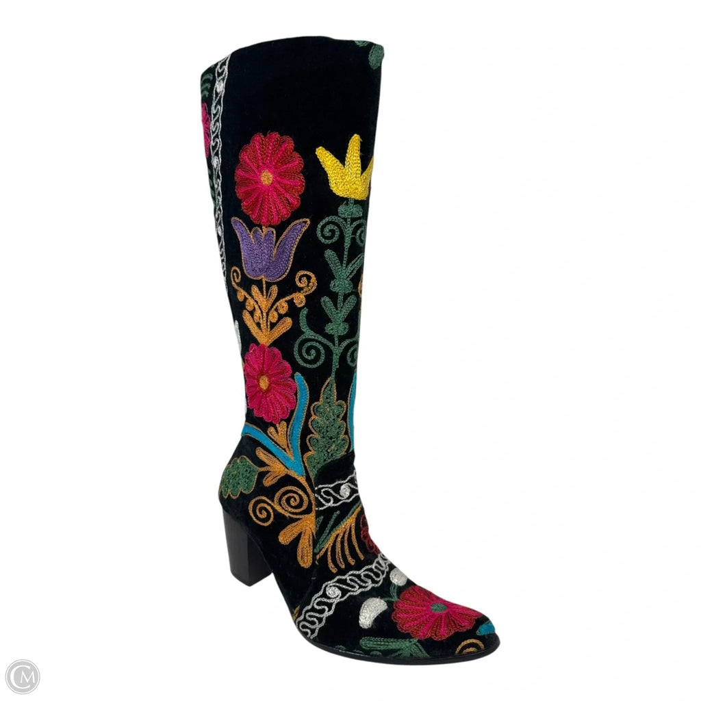 Velvet Embroidered Boots Knee Heels Unbranded In Floral Print, Size: 39
