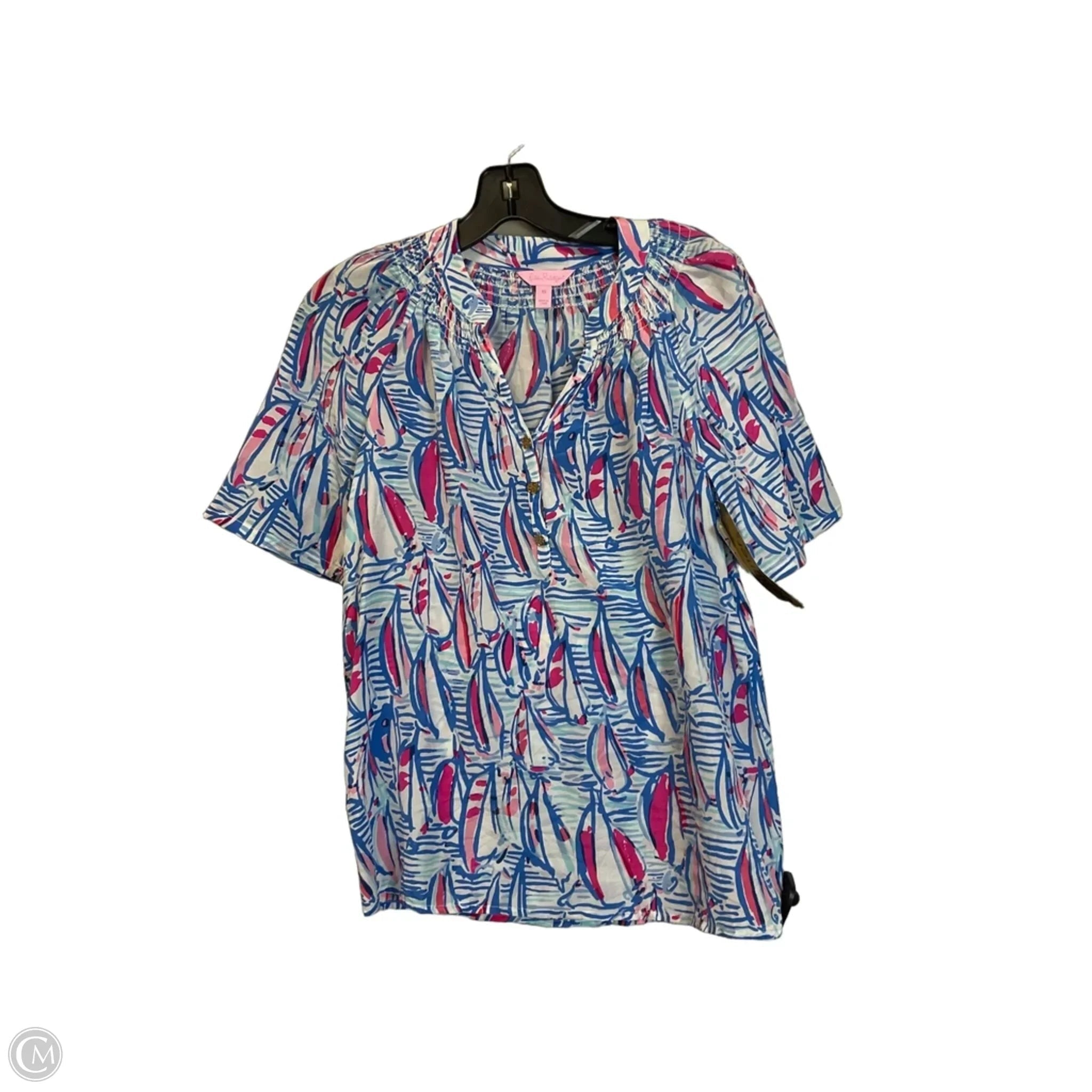 Top Short Sleeve Designer By Lilly Pulitzer In Blue & White, Size: Xs