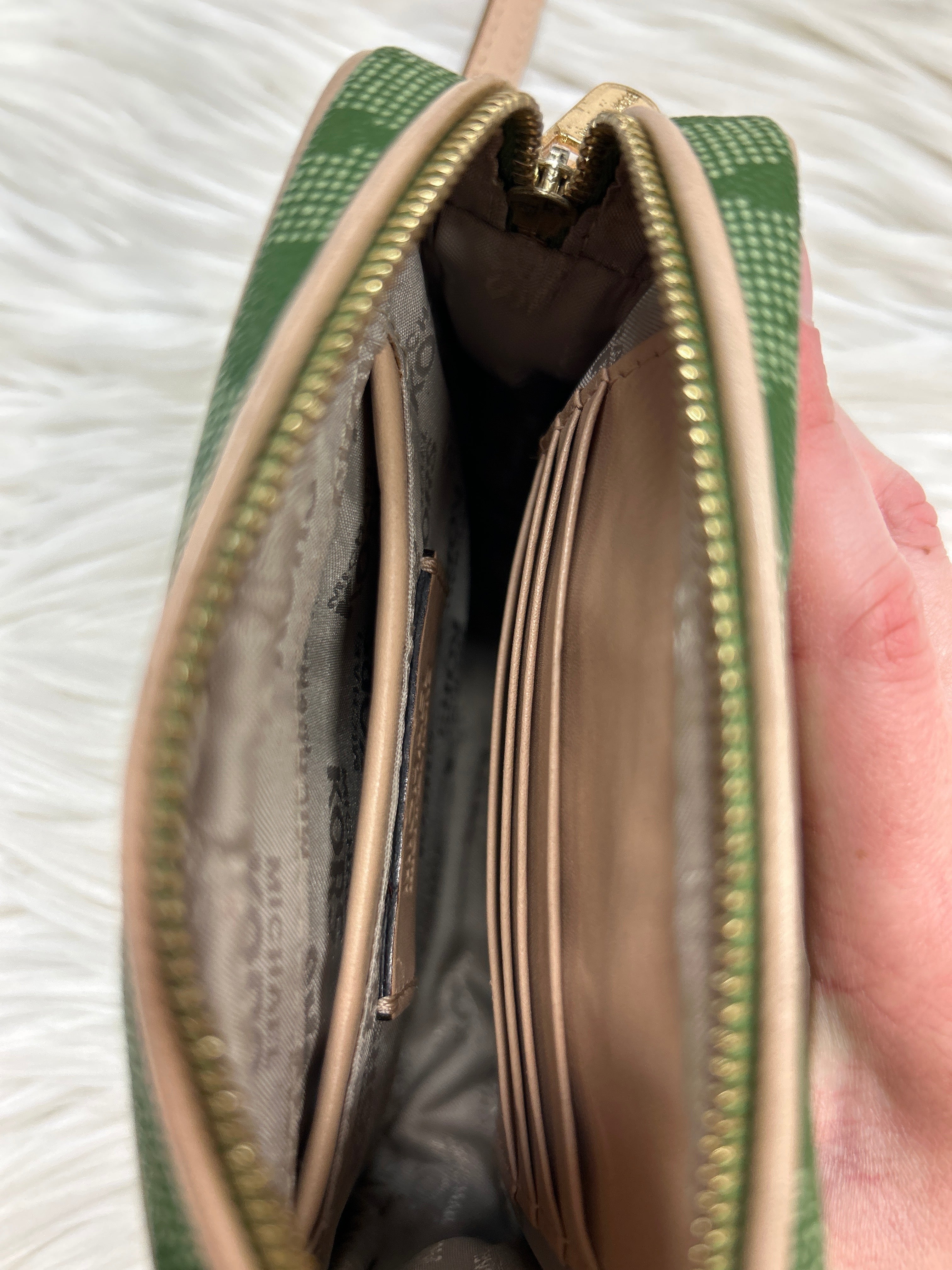 Handbag Designer By Michael Kors In Green & Tan, Size:Small