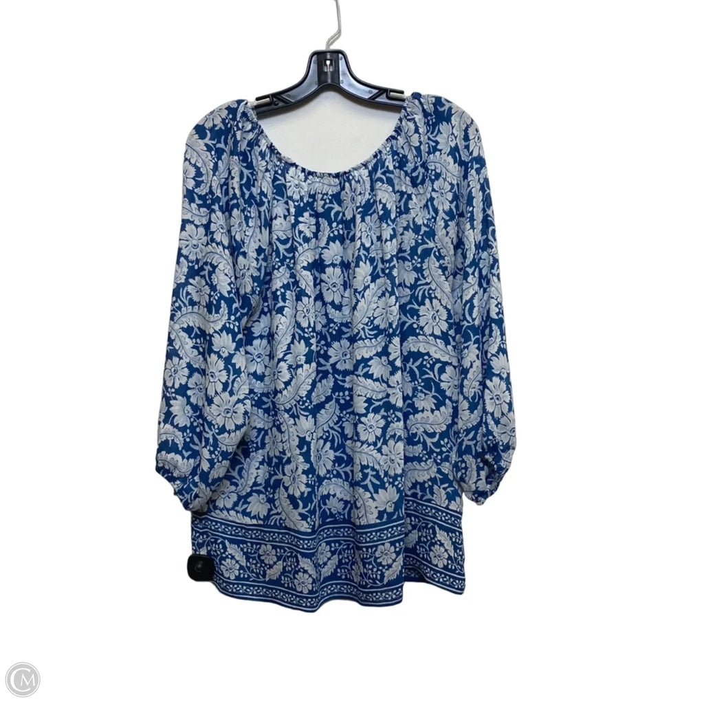 Top 3/4 Sleeve By Chaps In Blue & White, Size: L