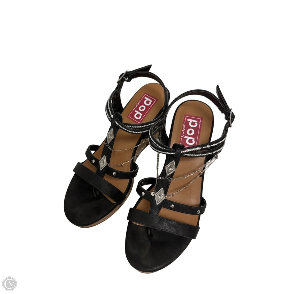 Sandals Heels Wedge By Pop In Black, Size: 9.5
