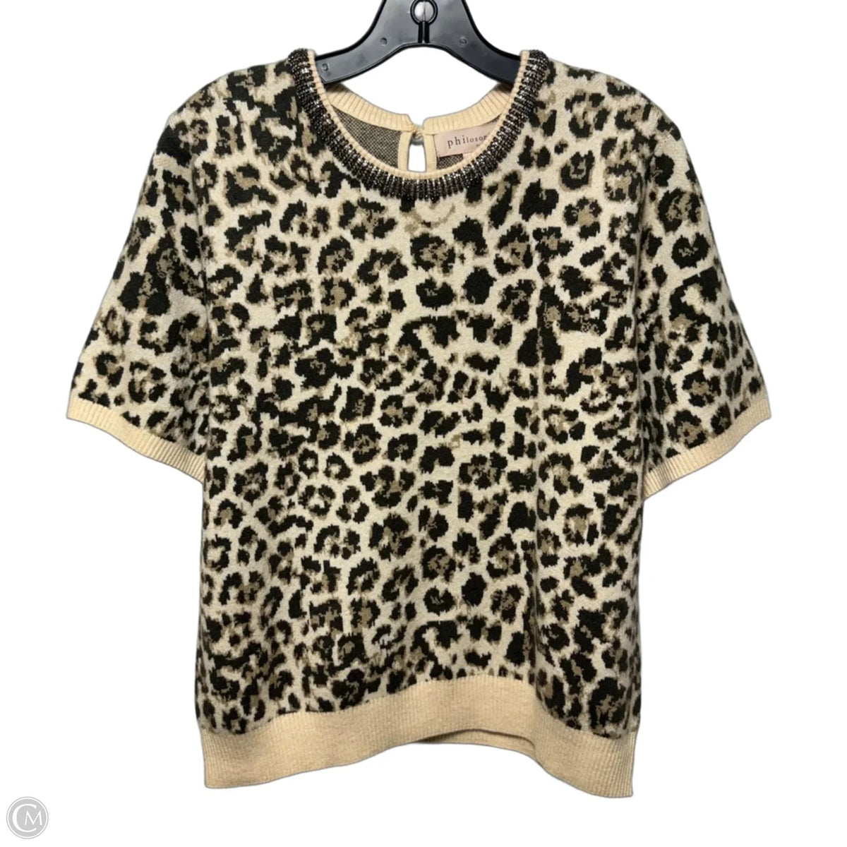 Embellished Collar Leopard Sweater Short Sleeve By Philosophy In Animal Print, Size: Xl