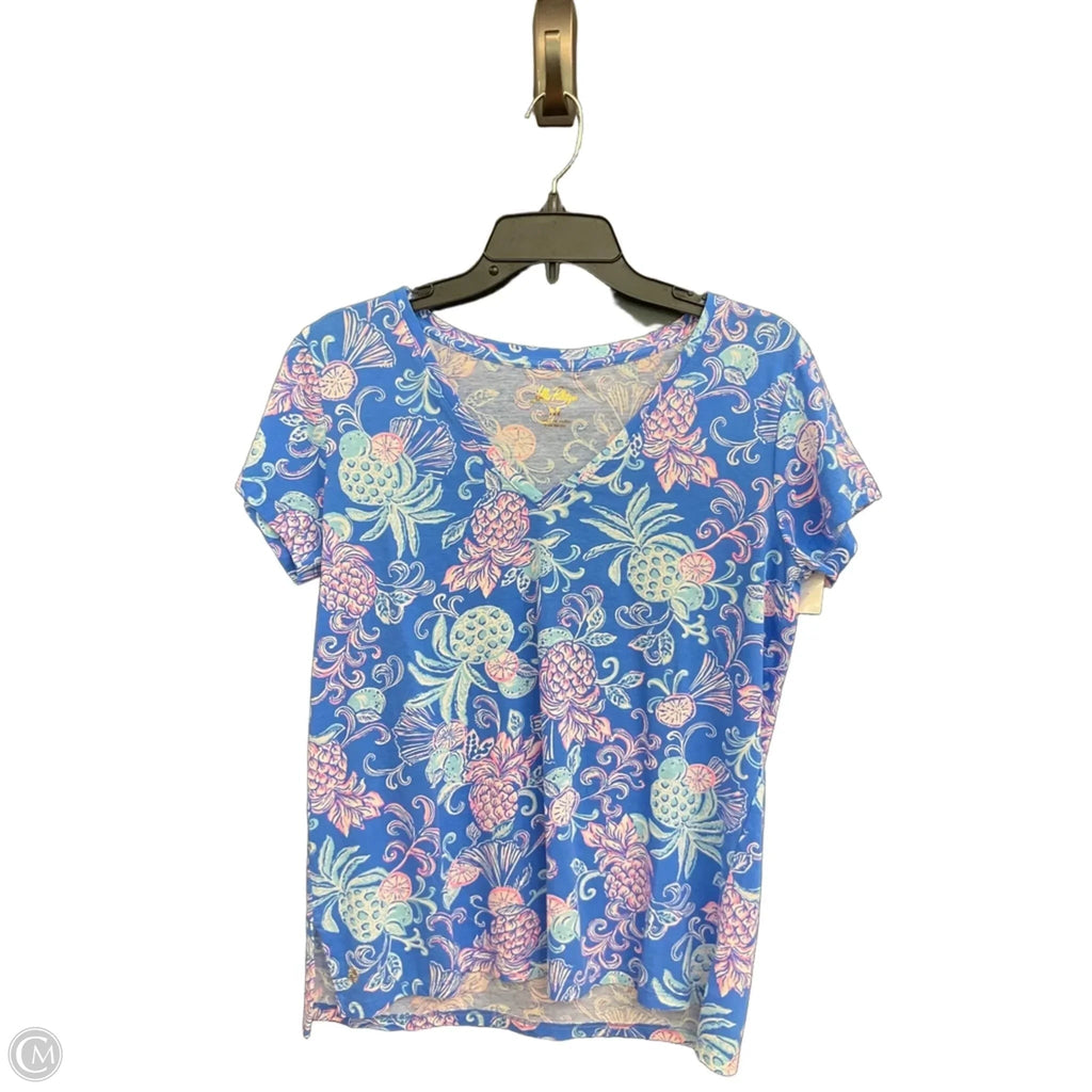 Top Short Sleeve Designer By Lilly Pulitzer In Blue & Pink, Size: M